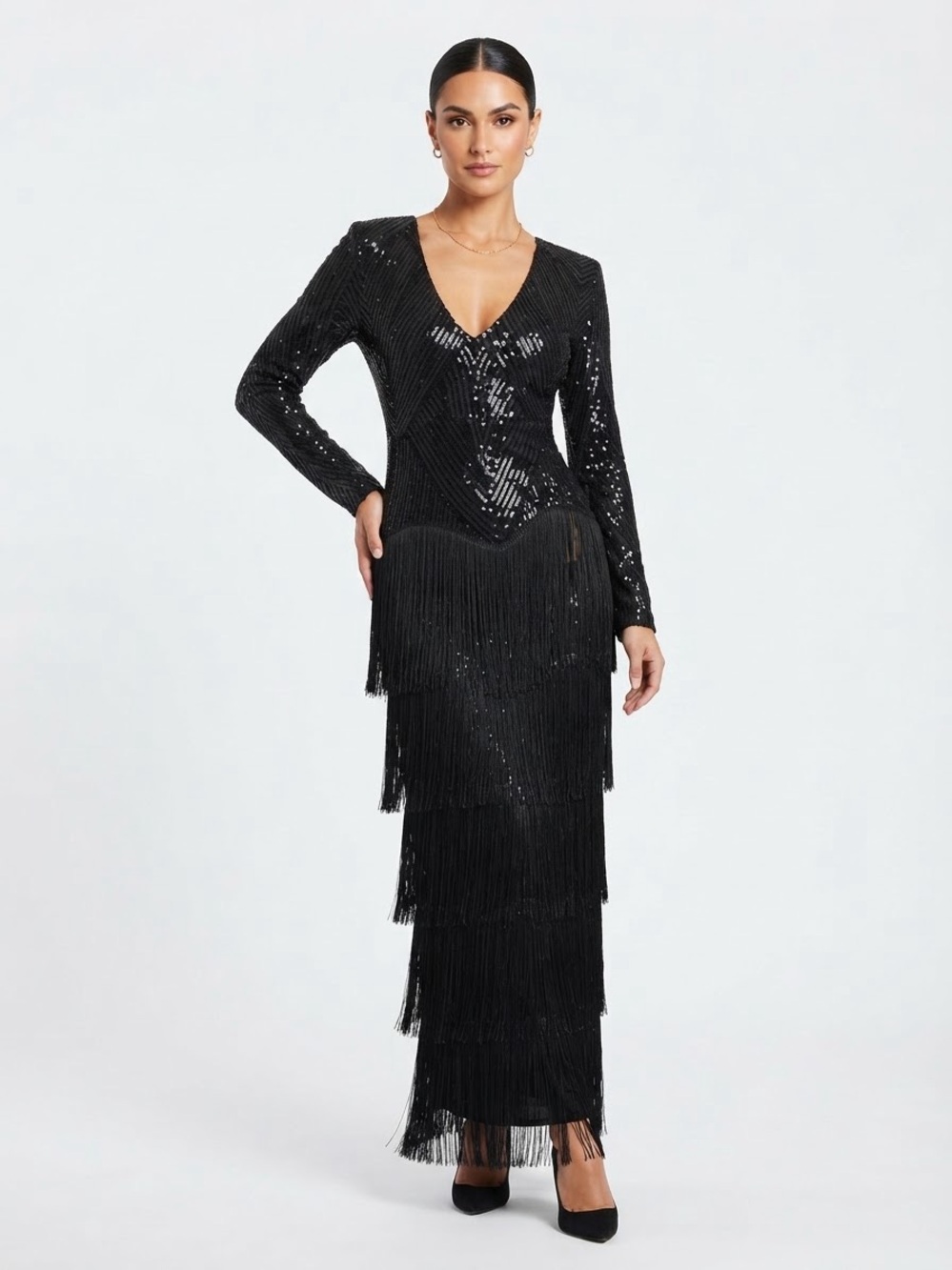 Love & Lemonade Black Sequin Fringe Maxi Dress Size M